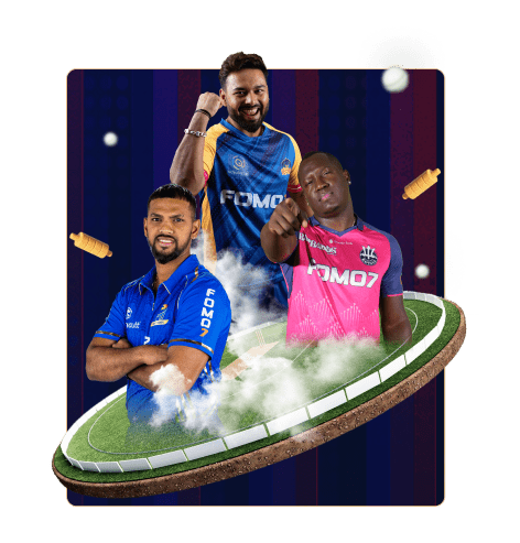 Three cricket athletes in FOMO7 jerseys posing on a stylized stadium platform with dynamic effects, featured on FOMO7 India.