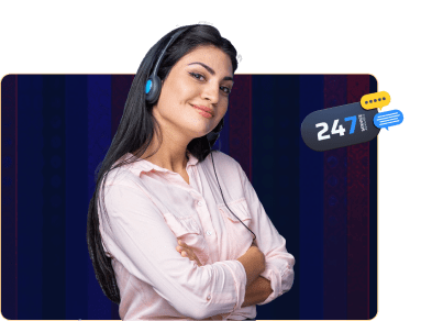 Confident female support agent wearing a headset, standing with folded arms, representing 24/7 customer support.