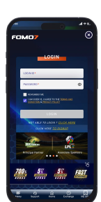 FOMO7 India login page with secure username and password fields along with partner promotions and quick access options.