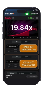 FOMO7 India Aviator crash game screen showing multiplier climb, bet panels and cash-out buttons in active gameplay.