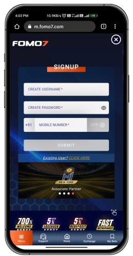 FOMO7 signup screen showing fields for username, password, and mobile number, highlighting quick registration on FOMO7 India.