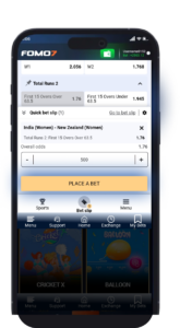 Mobile screenshot of the FOMO7 India Quick Bet Slip showing a 500 stake entered on a 