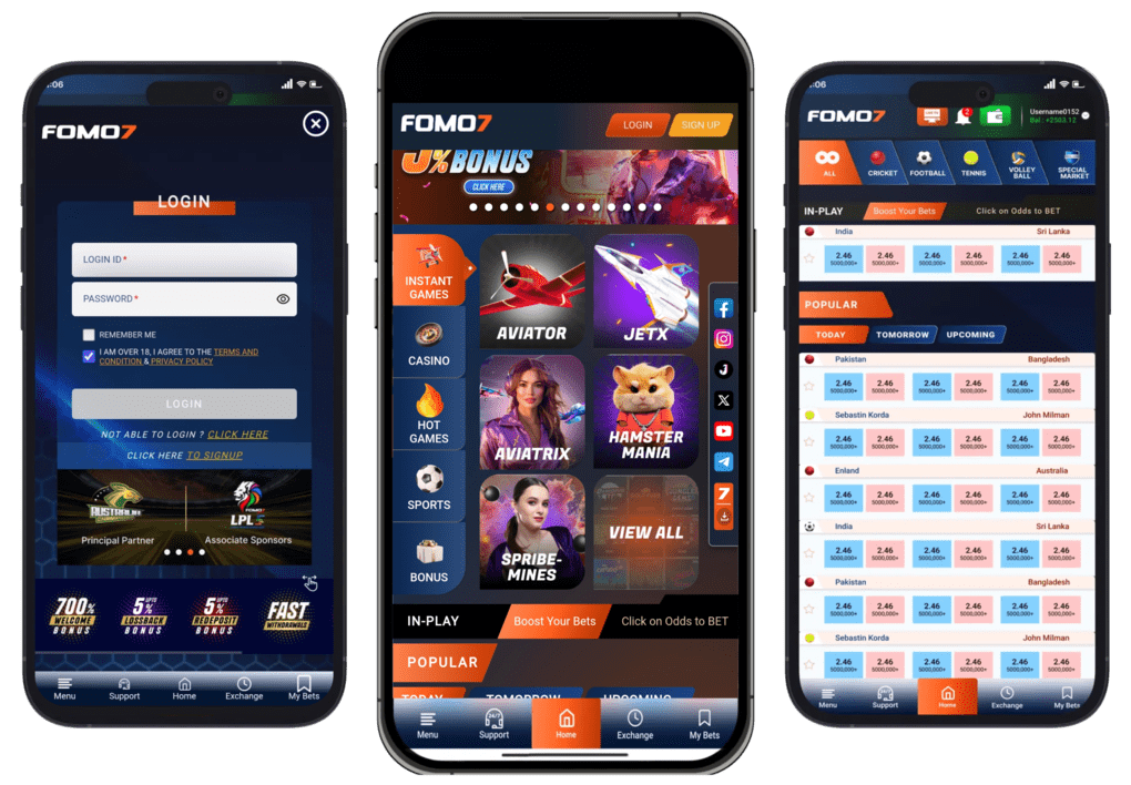 Three FOMO7 app screens showing login, instant games like Aviator and JetX, and live sports odds, featured on FOMO7 India.