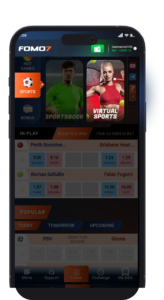 FOMO7 mobile app sports section showing icons for sports betting, virtual sports, and popular matches.
