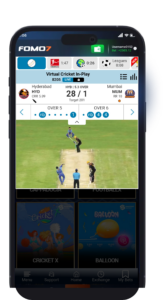 FOMO7 mobile app showing a virtual cricket match in progress with score and live play animation.