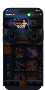 FOMO7 India app screen highlighting Lightning Roulette promotion above a grid of casino and crash game icons.