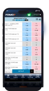 FOMO7 mobile app screen displaying virtual cricket in-play odds with highlighted betting options.