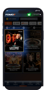 FOMO7 India live casino menu showcasing Lightning Roulette and other roulette variations for players to choose from.