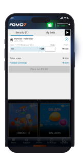 FOMO7 mobile app betslip screen showing selected match, entered stake, and possible winnings.