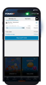 FOMO7 betslip showing selected cricket over total bet with stake and potential winnings.