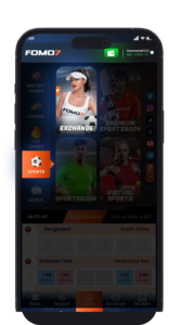 FOMO7 home screen with Sports tab highlighted, showing sportsbook and virtual sports banners.