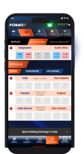Mobile screenshot of the FOMO7 India Exchange home page displaying live cricket odds for various international matches.