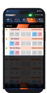 FOMO7 sports in-play screen showing multiple tennis matches with dynamic back and lay odds.