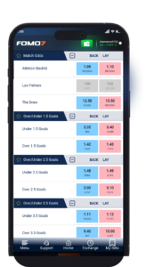FOMO7 India exchange interface showing full match odds for Atletico Madrid vs Las Palmas and multiple goal line markets.