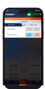 FOMO7 exchange screen displaying tennis match odds between Josef Kovalik and Luca Van Assche.