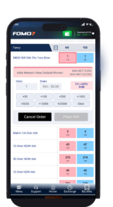 Mobile screenshot of the FOMO7 India Quick Bet Slip view, displaying odds and a field to enter the stake for a Total Runs wager.