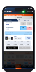 FOMO7 India exchange interface showing updated match odds and stake fields for confirming or cancelling a bet.