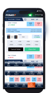 FOMO7 India exchange betting slip showing Over/Under goals market with entered stake, odds and active place bet button.