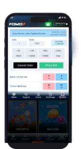 Mobile screenshot of the FOMO7 India Exchange displaying a bet order form with a 1500 Stake, showing an estimated profit of +1,200.00.