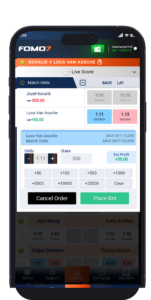 FOMO7 India exchange betting slip displaying match odds and stake entry options for placing a back or lay bet.