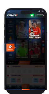 FOMO7 India sports menu highlighting sportsbook, premium sportsbook, virtual sports, and available betting categories.