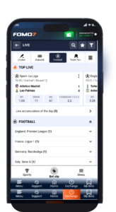 FOMO7 India premium sportsbook live section showing top live matches, categories and football league filters.