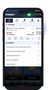 Mobile screenshot of the FOMO7 India sports betting app's live cricket matches list, showing World Cup qualification odds.