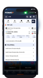 FOMO7 India sportsbook live matches screen showing top live events and volleyball categories.