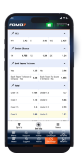 FOMO7 India premium sportsbook odds page displaying double chance, BTTS and total goals markets for selection.