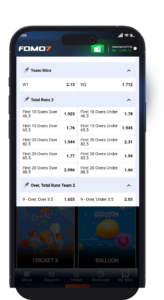 Mobile screenshot of the FOMO7 India sports betting app showing various cricket odds for Team Wins and Total Runs for a match.