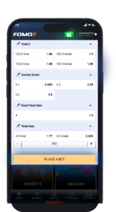 FOMO7 India sportsbook mobile interface displaying totals, correct score markets, and betting odds.