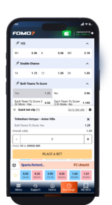 FOMO7 India premium sportsbook interface with active bet slip, selected odds, stake field and place bet button.