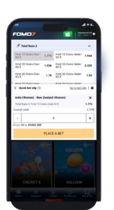 Mobile screenshot of the FOMO7 India Quick Bet Slip view, displaying odds and a field to enter the stake for a Total Runs wager.