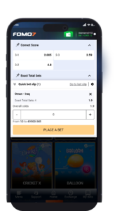 FOMO7 India sportsbook quick bet slip screen with exact total sets selection and stake entry.