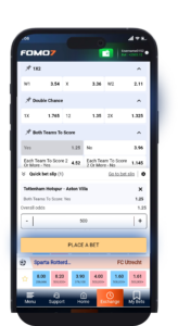 FOMO7 India premium sportsbook screen showing match odds, bet slip entry, and stake field before placing a bet.