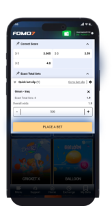 FOMO7 India sportsbook mobile screen showing correct score and total sets bet slip for quick betting.