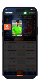 FOMO7 India sports menu highlighting the Sportsbook section with quick access to live matches and betting options.