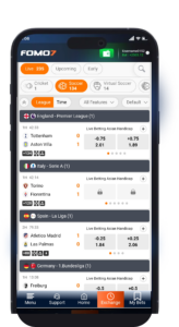 FOMO7 India sportsbook interface listing live football matches with odds, leagues, and filtering options.