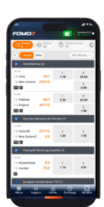 Mobile screenshot of the FOMO7 India Sportsbook interface displaying live cricket betting odds for various international matches.