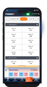 FOMO7 India sportsbook odds page showing total goals markets and various over/under betting options.