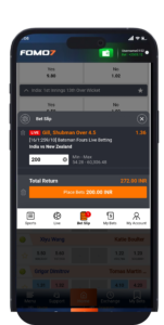 Mobile screenshot of the FOMO7 India Sportsbook placing a bet. A stake of 200.00 INR is entered on the live Bet Slip, showing a total return.