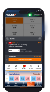 FOMO7 India sportsbook bet slip showing Over 2.5 selection with entered stake, total return, and place bet button.