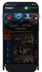 FOMO7 India home screen displaying the game carousel with Aviator, Mines, Stock Market and featured casino categories.