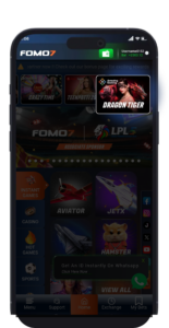 FOMO7 India homepage showcasing the Dragon Tiger featured game tile within the main game carousel.