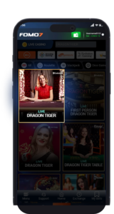 FOMO7 India live casino screen featuring the Dragon Tiger game with highlighted dealer card table options.