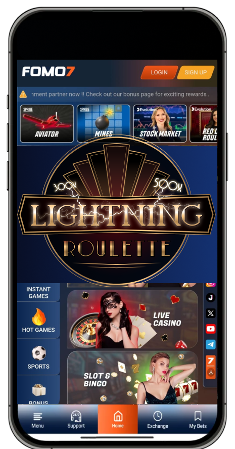 FOMO7 app screen highlighting the Lightning Roulette banner alongside live casino and slot options on FOMO7 India.