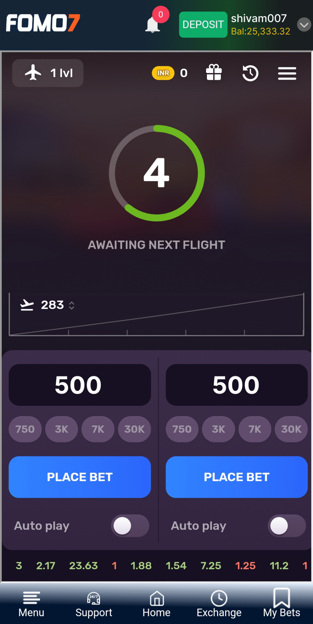 Aviatrix game screen showing countdown to next flight with bet options and recent multipliers on FOMO7 India.