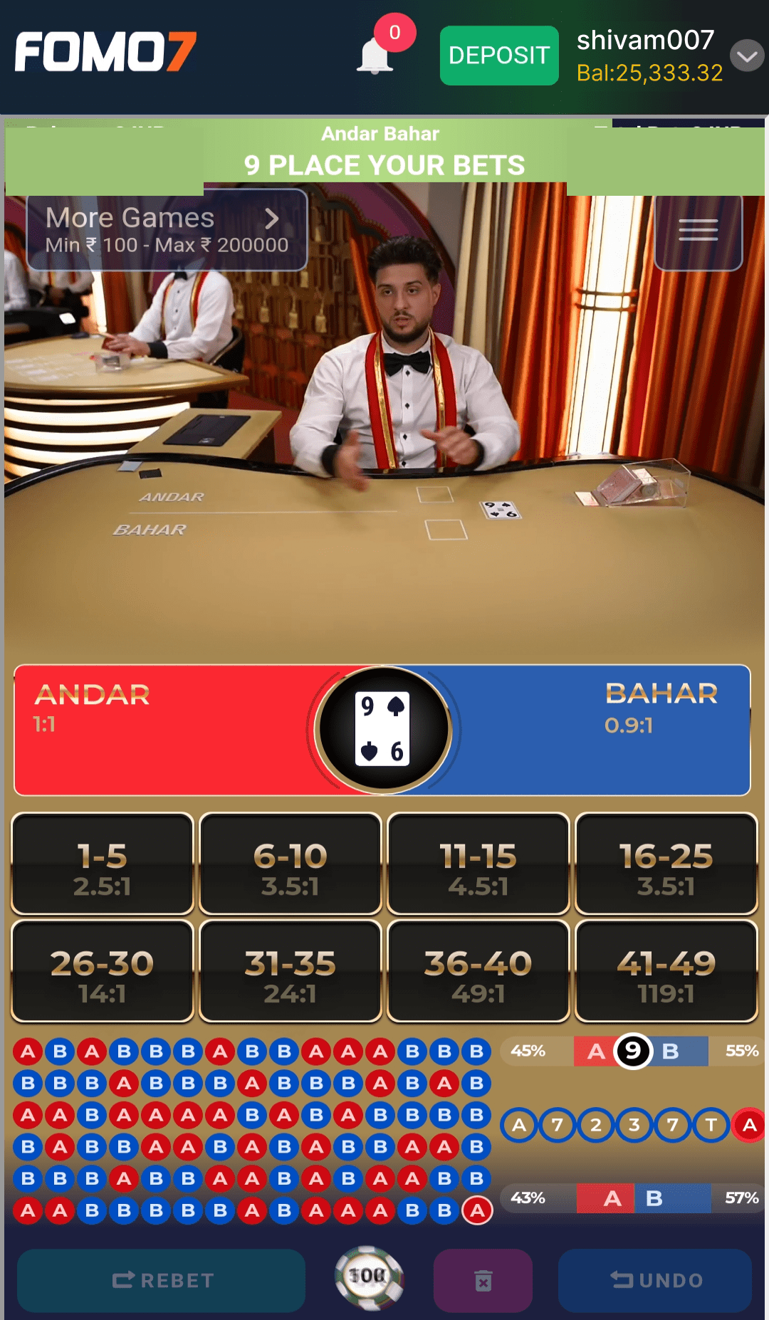 FOMO7 India Andar Bahar table showing Place Your Bets screen with dealer, cards, bet options, and game tracker.