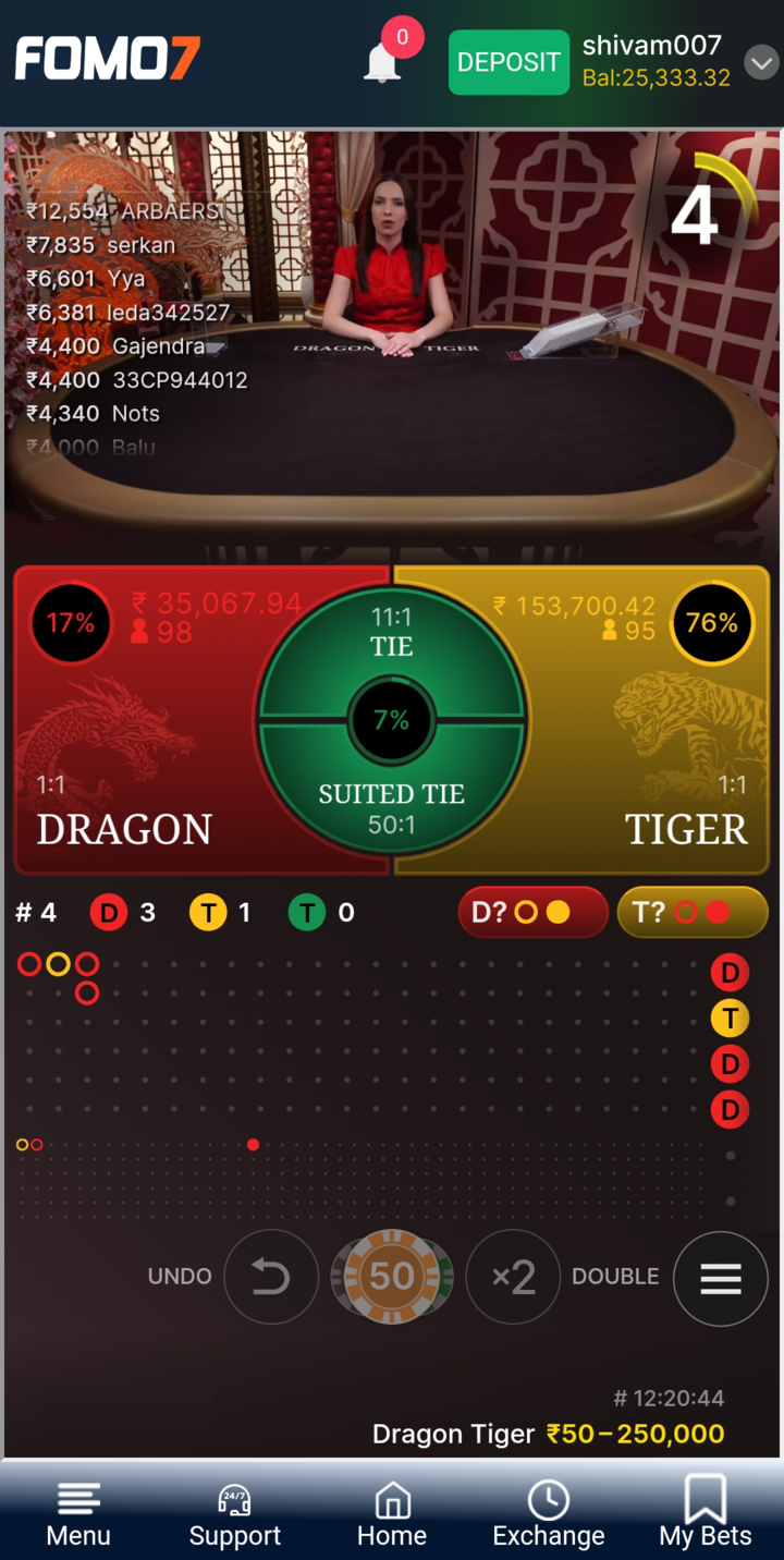 FOMO7 India Dragon Tiger live casino game with dealer table, betting layout, odds display, and real-time statistics screen.
