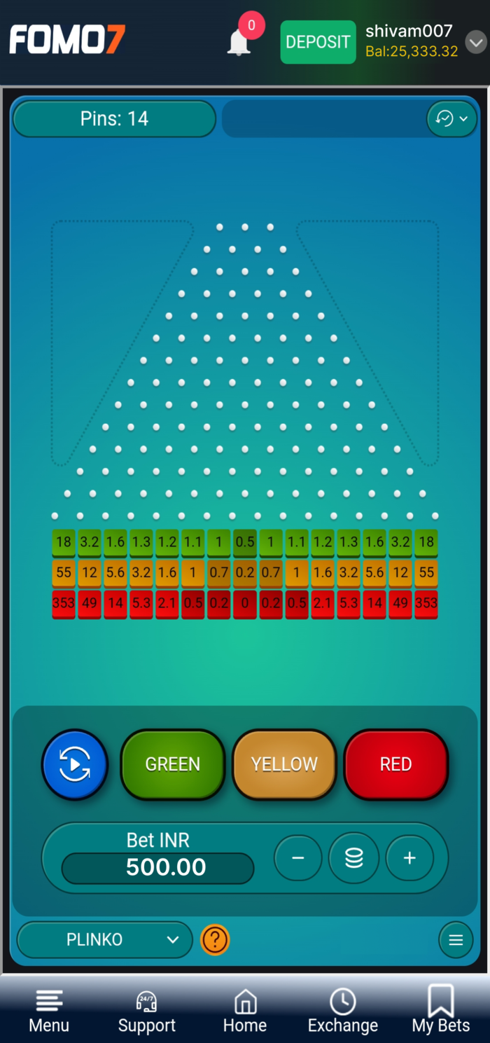 Plinko board with pins, multiplier rows, and color bet buttons, displaying in-game betting options on FOMO7 India.